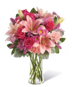Enchanting Valentine's Day Flower Bouquet in Blushing Pinks - Roses, Lilies, and Carnations in Elegant Arrangement