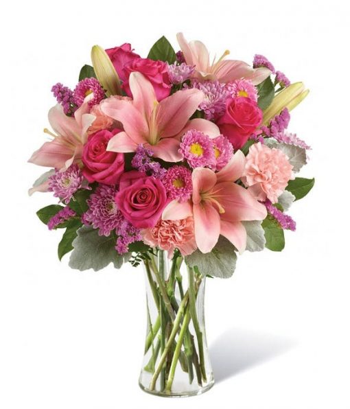 Enchanting Valentine's Day Flower Bouquet in Blushing Pinks - Roses, Lilies, and Carnations in Elegant Arrangement
