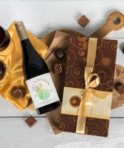 wine and a 1 lb box of chocolate with a beautiful gold ribbon for Valentines day.