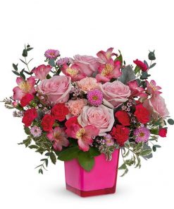 Enchanting Valentine's Day Bouquet in Pink Cube Vase - Express Your Love with Radiant Pink Blooms and Personalized Message