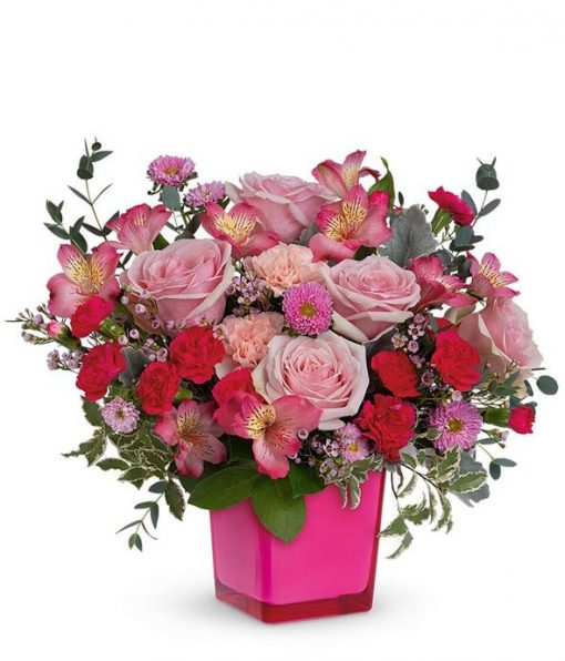 Enchanting Valentine's Day Bouquet in Pink Cube Vase - Express Your Love with Radiant Pink Blooms and Personalized Message