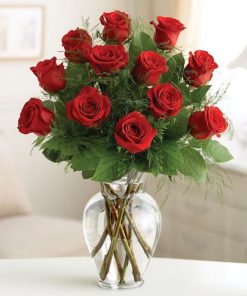 Elevate Your Romance: Handcrafted Arrangement of Long Stem Red Roses in Keepsake Glass Vase