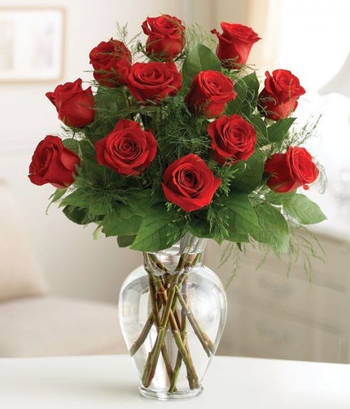 Elevate Your Romance: Handcrafted Arrangement of Long Stem Red Roses in Keepsake Glass Vase