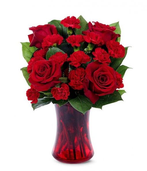 Red Rapture Bouquet: A Stunning Expression of Love with Red Roses and Mini Carnations in a Gorgeous Gathering Vase