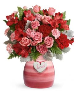 Garden Elegance: Valentine's Day Bouquet with Pink Mini Roses, Red Alstroemeria, and Premium Red Roses in Keepsake Vase