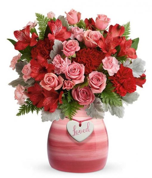 Garden Elegance: Valentine's Day Bouquet with Pink Mini Roses, Red Alstroemeria, and Premium Red Roses in Keepsake Vase