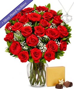 Ultimate Valentine's Day Romance - Two Dozen Red Roses, Sterling Silver Heart Necklace, Chocolates, and Personalized Card